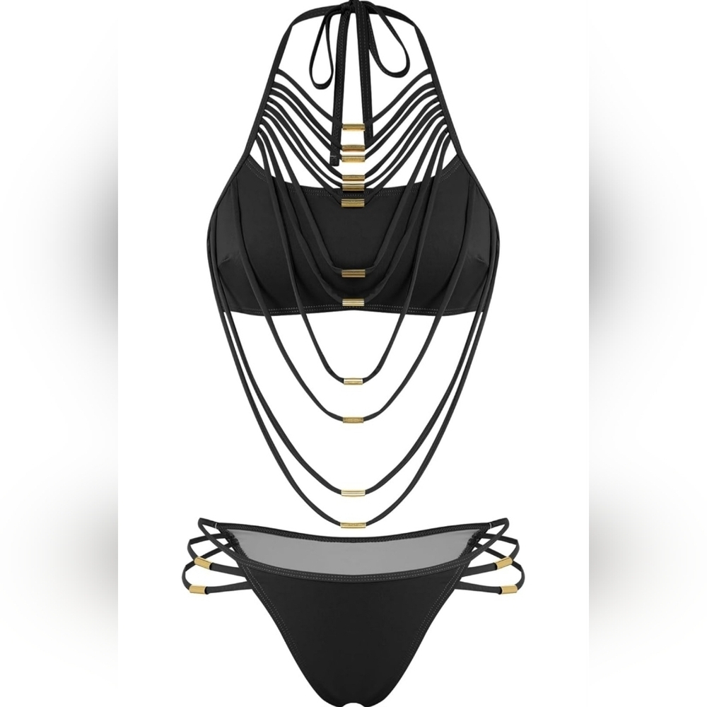 Black Tassel Halter Bikini Set Size M NWT 2026 Release - Picture 5 of 6